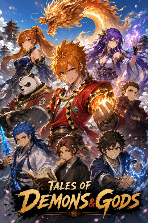Copertina di Tales of Demons and Gods: Nie Li e i suoi compagni sotto un drago dorato